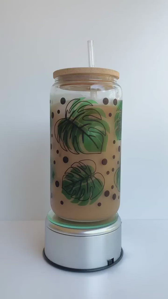 Monstera Leaf Theme Libbey Glass Can With Bamboo Lid Green - Temu