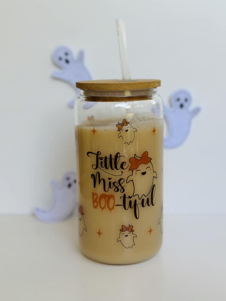 Little Miss Boo-Tiful Wrap 16oz Glass Can Cup with Bamboo Lid