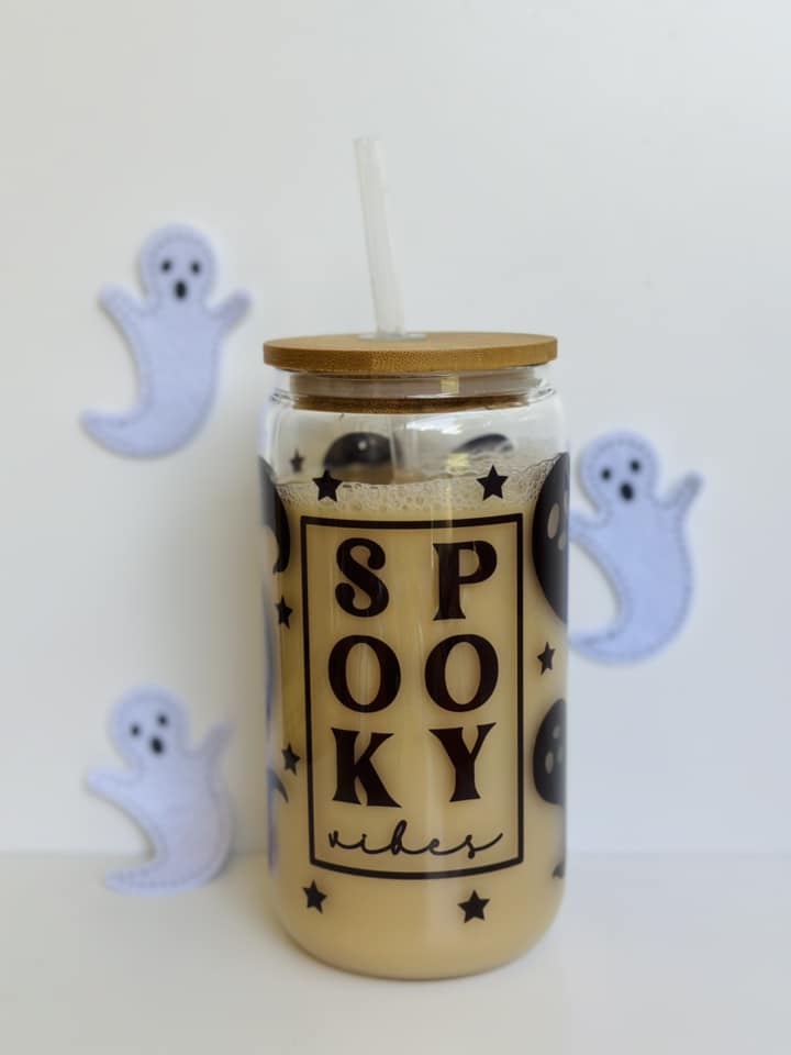 Spooky Vibes Wrap 16oz Glass Can Cup with Bamboo Lid