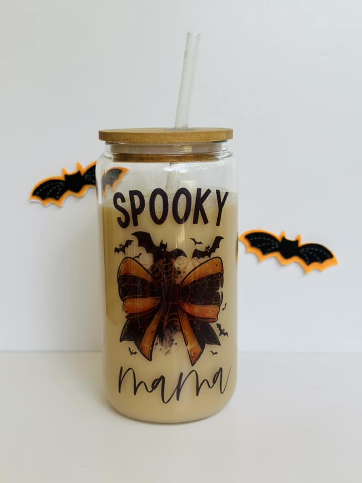 Spooky Mama Bow 16oz Glass Can Cup with Bamboo Lid