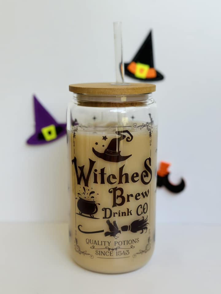 Witches Brew Drink Co Wrap 16oz Glass Can Cup with Bamboo Lid