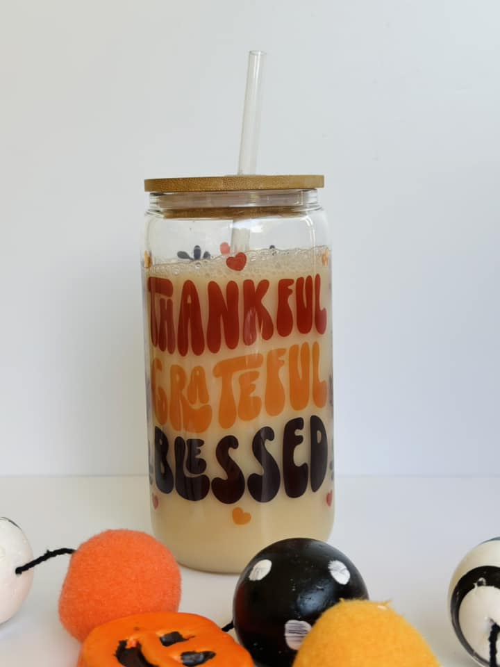 Thankful Grateful Blessed Wrap 16oz Glass Can Cup with Bamboo Lid