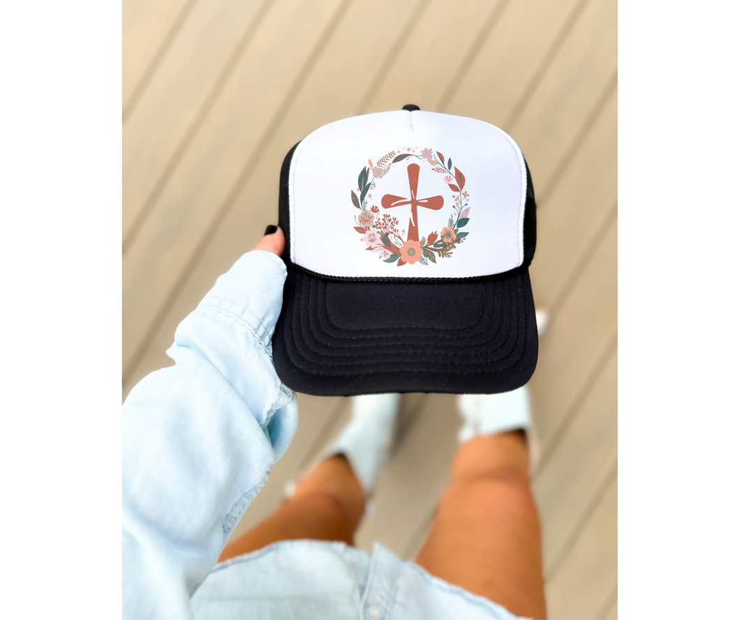 Floral Cross Circle Faith Foam Trucker Hat