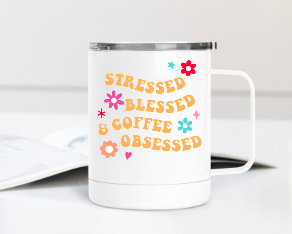 Stressed Blessed and Coffee Obsessed 12oz Travel Mug