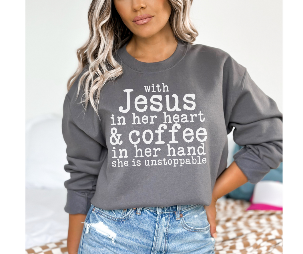 Jesus in Her Heart Coffee in Her Hand Crewneck Sweatshirt