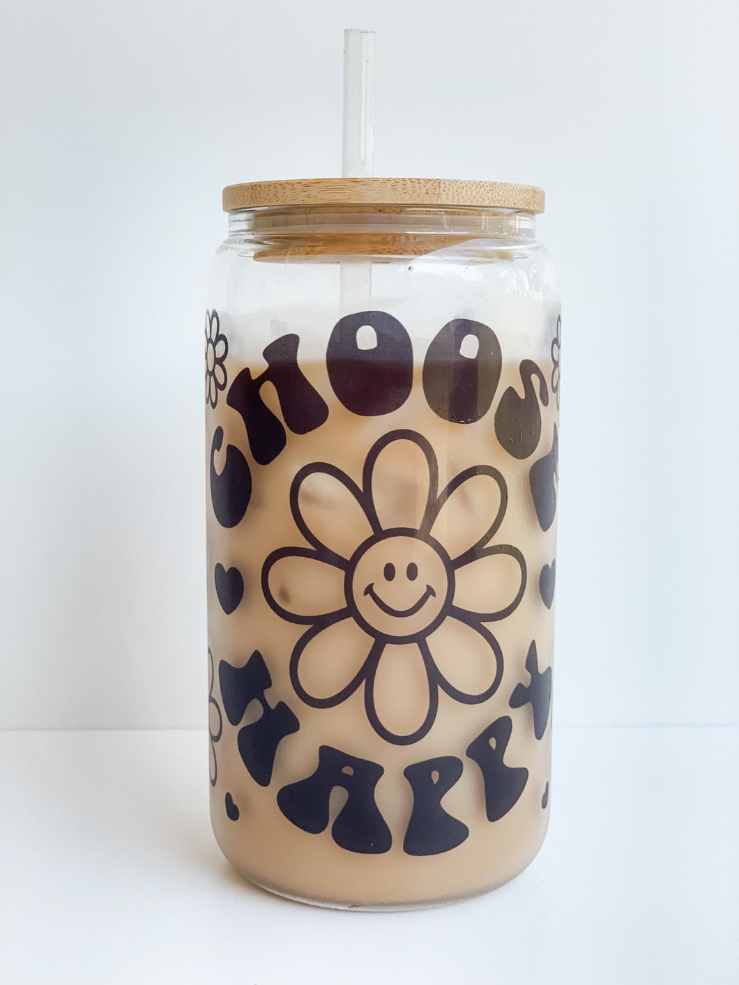 Retro Choose Happy 16oz Glass Can Cup with Bamboo Lid