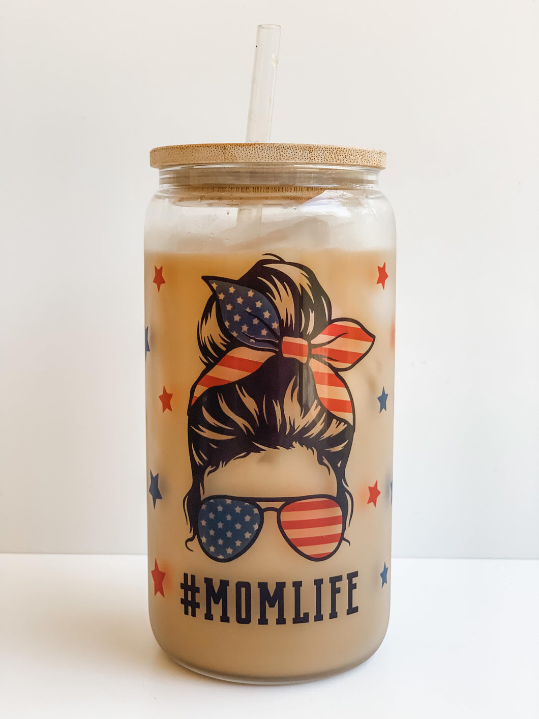 American Patriotic #MomLife 16oz Glass Can Cup with Bamboo Lid