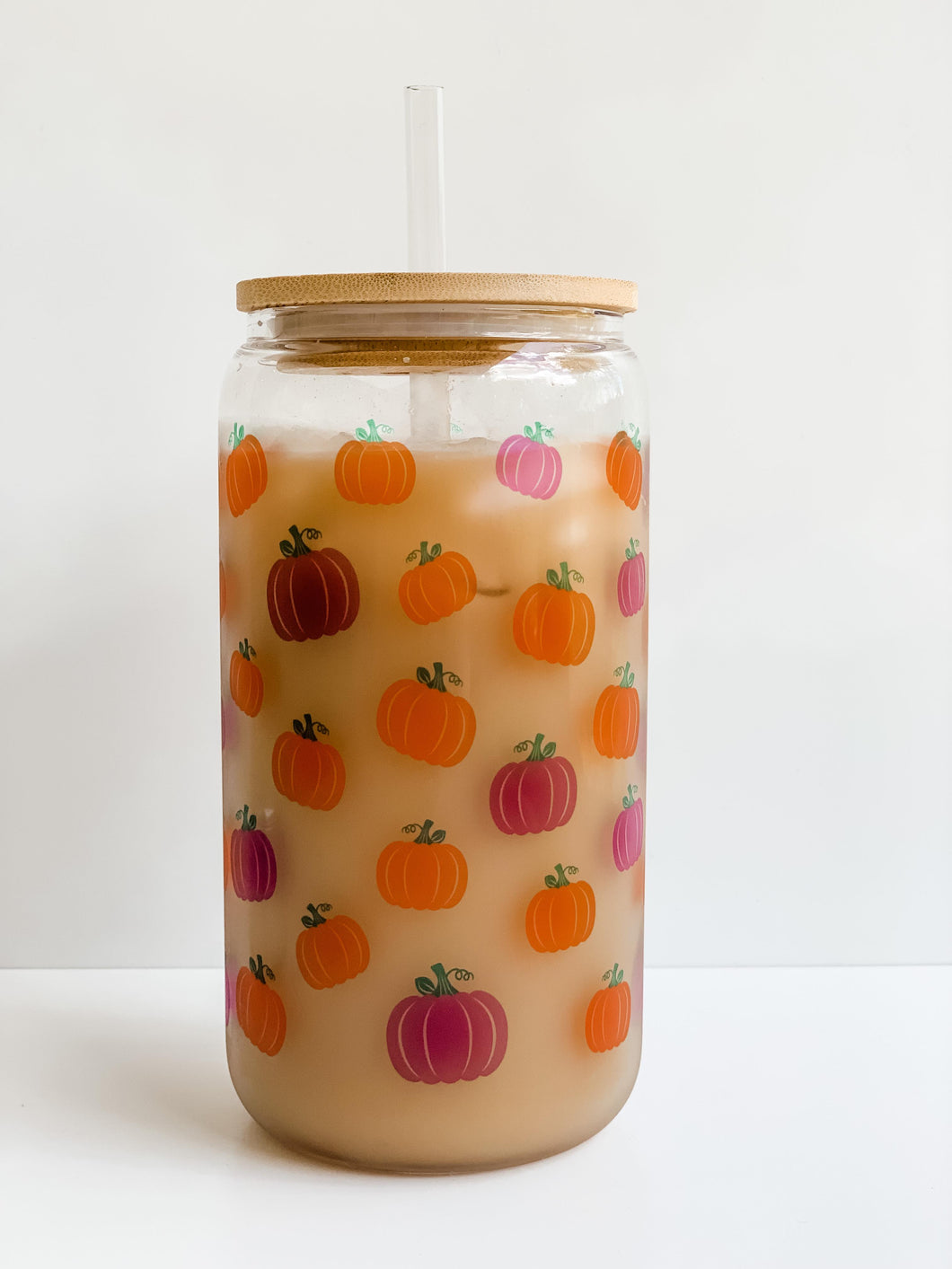 Orange & Purple Pumpkins Wrap 16oz Glass Can Cup with Bamboo Lid