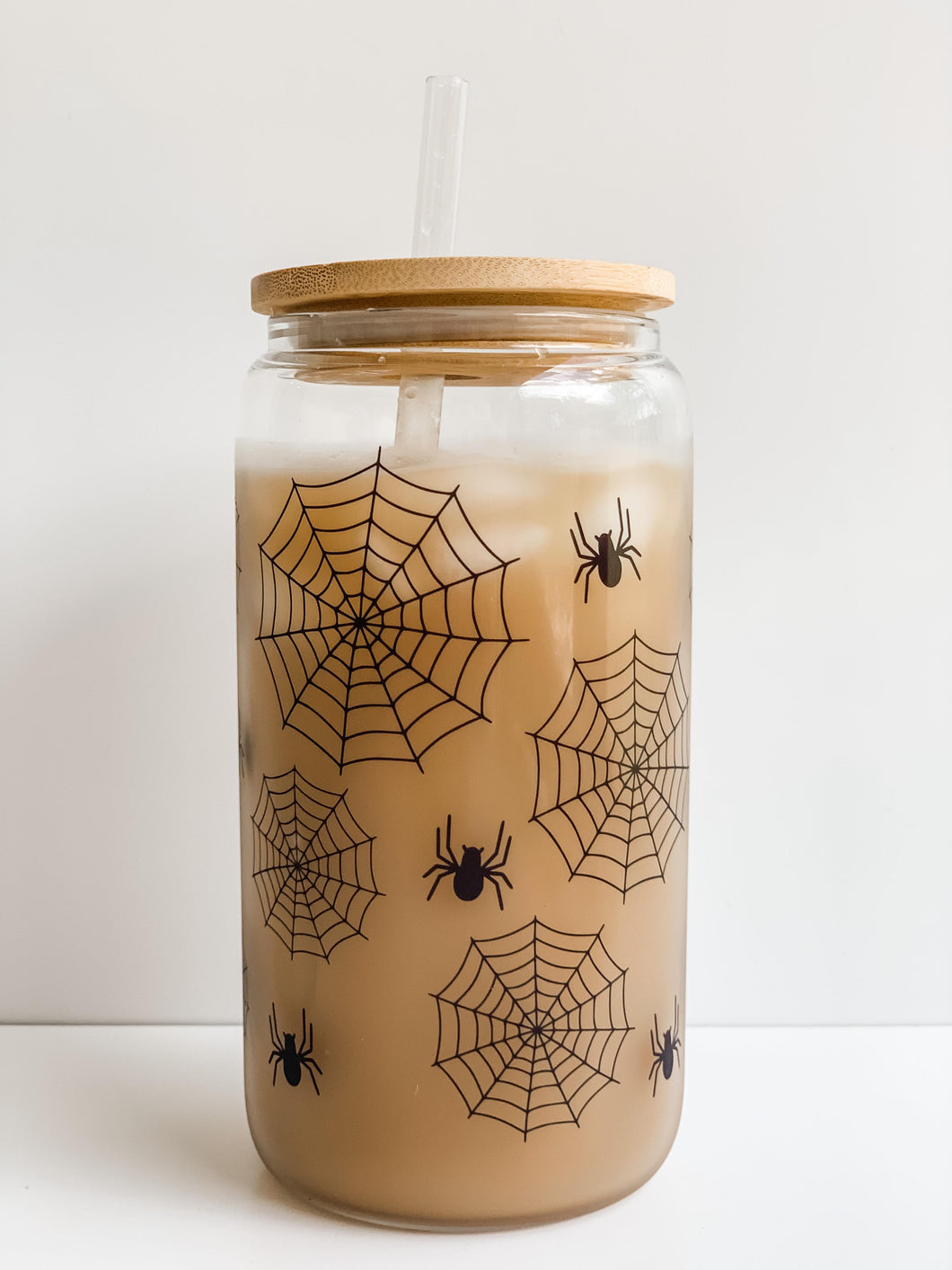 Spider Web Wrap 16oz Glass Can Cup with Bamboo Lid