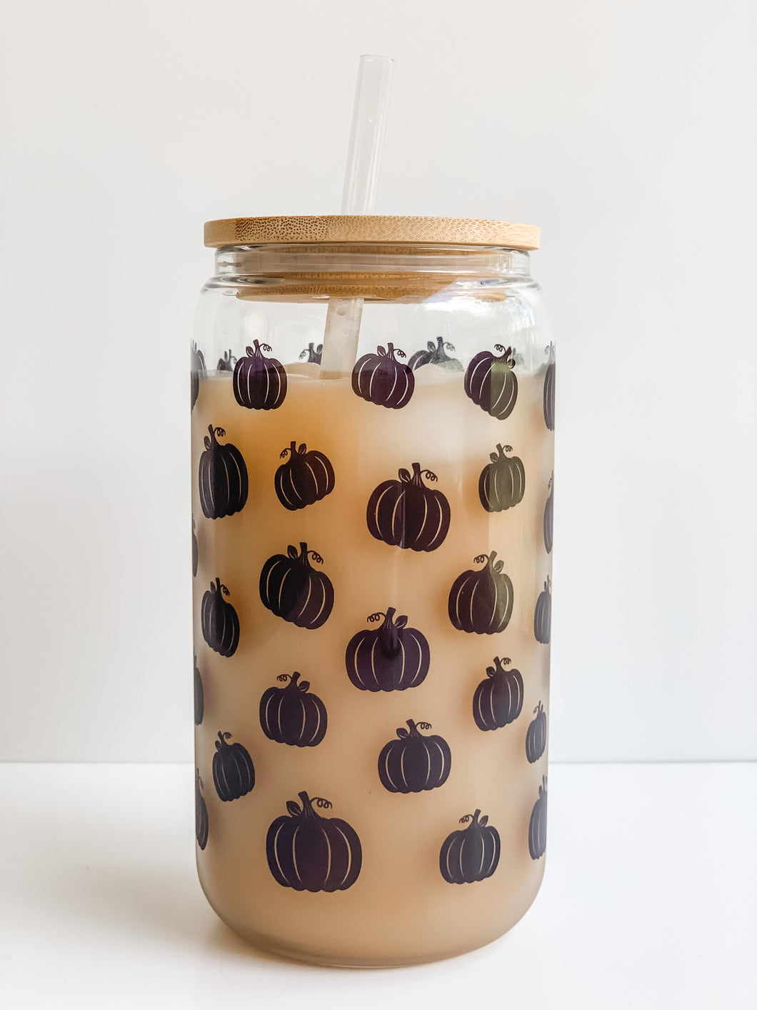 Black Pumpkins Wrap 16oz Glass Can Cup with Bamboo Lid