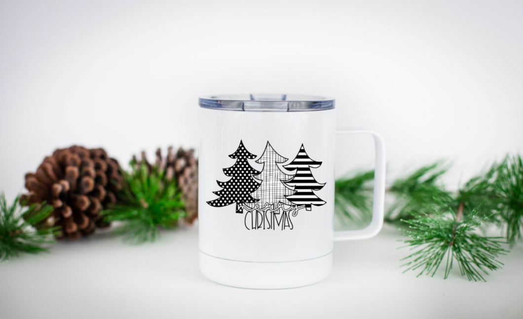 Black & White Merry Christmas Trees 12oz Travel Mug