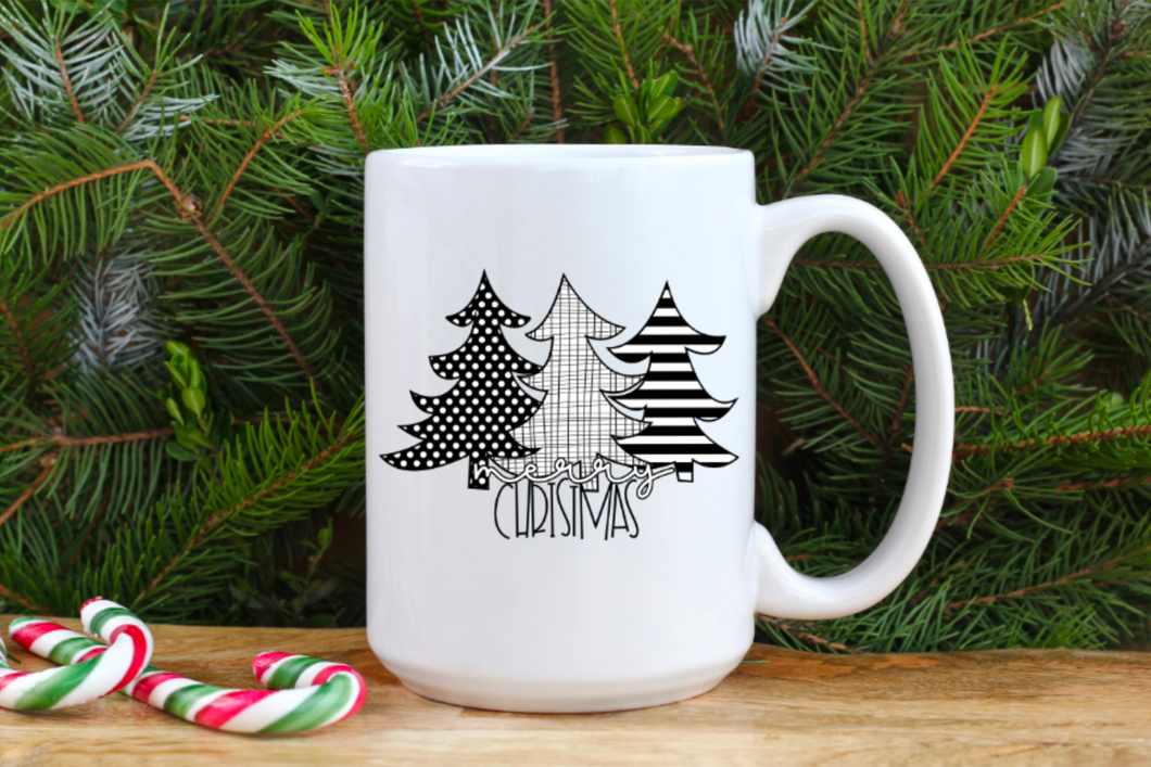 Black & White Merry Christmas Trees 15oz Ceramic Mug