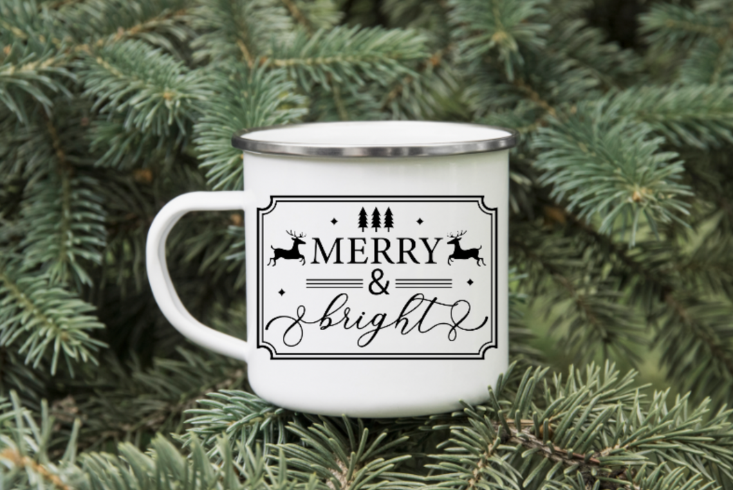 Reindeer Merry & Bright 12oz Enamel Camping Mug