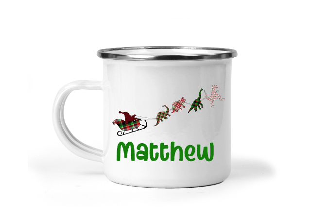 Dinosaur Santa Sleigh 12oz Enamel Camping Mug