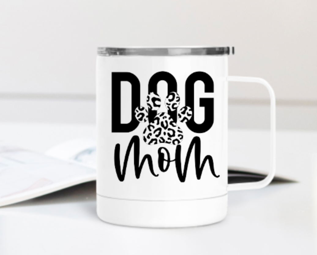 Dog Mom Leopard Paw Print 12oz Travel Mug