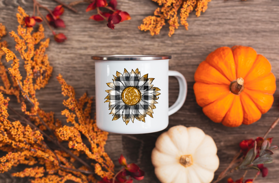 Buffalo Plaid Sunflower 12oz Enamel Camping Mug