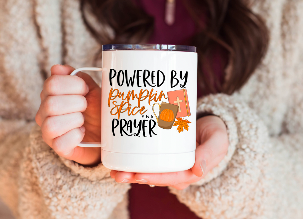 Powered by Pumpkin Spice & Prayer 12oz Travel Mug