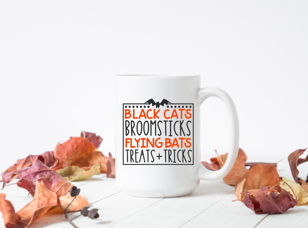 Cats Broomsticks Bats and Treats 15oz Ceramic Mug