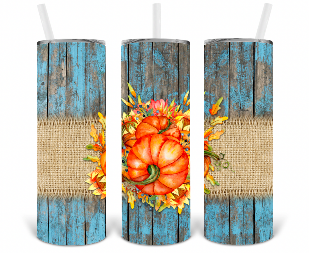 Teal Wood Burlap Pumpkin 20oz Insulated Tall Tumbler with Straw