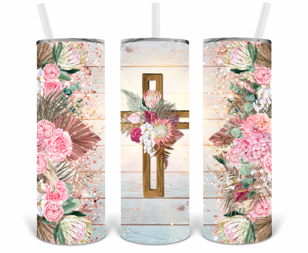 Wood Floral Cross 20oz Insulated Tall Tumbler with Straw