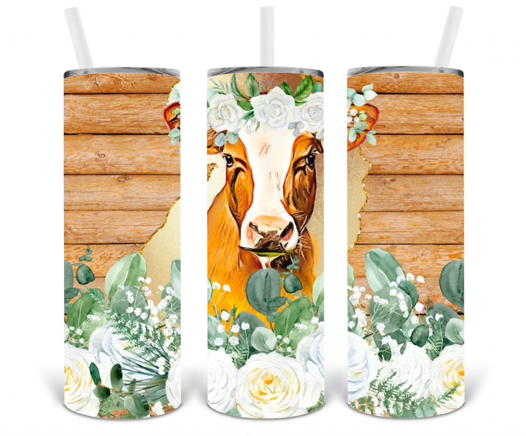 Wood Floral Cow 20oz Insulated Tall Tumbler with Straw