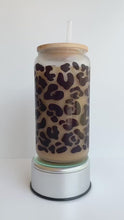 Load and play video in Gallery viewer, Leopard Wrap 16oz Glass Can Cup with Bamboo Lid
