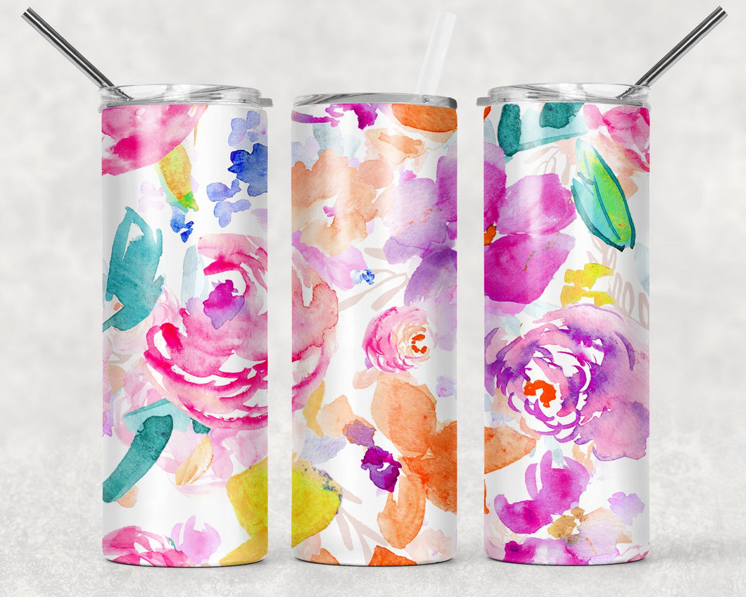 Watercolor Floral Tumbler 20oz Insulated Tall Tumbler with Straw